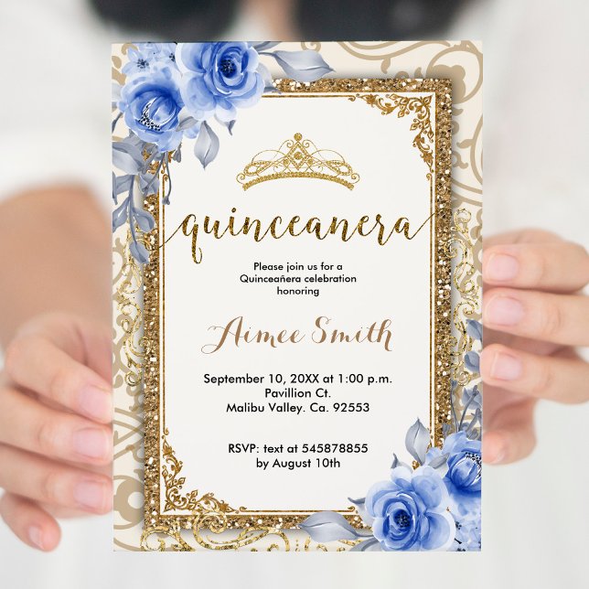 Elegant Blue Roses Floral Gold Mis Quince  Invitation (Creator Uploaded)