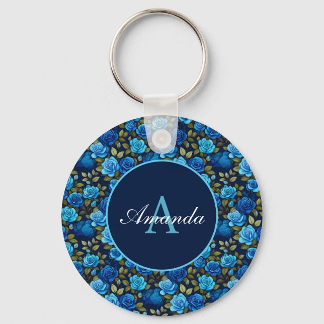 Elegant Blue Roses Floral Pattern Monogramed Photo Key Ring (Front)
