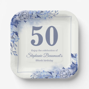 Elegant Blue Roses Floral Women's 50th Birthday  Paper Plate