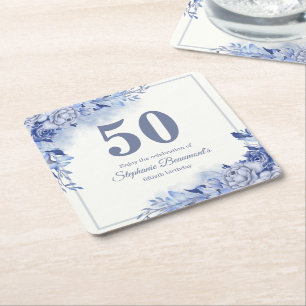 Elegant Blue Roses Floral Women's 50th Birthday Square Paper Coaster