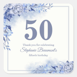 Elegant Blue Roses Floral Women's 50th Birthday Square Sticker