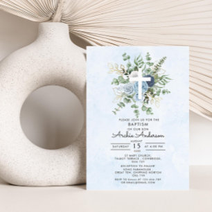 Elegant Blue Roses Greenery Baptism Christening Invitation