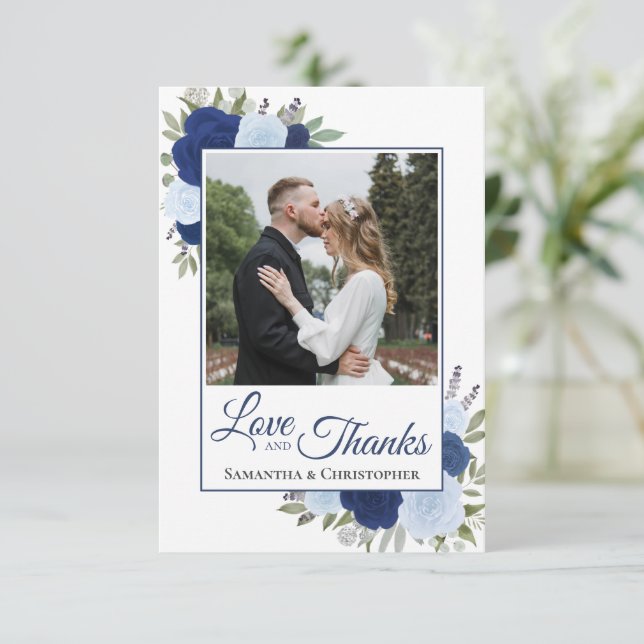 Elegant Blue Roses Love & Thanks Wedding Photo Thank You Card (Standing Front)