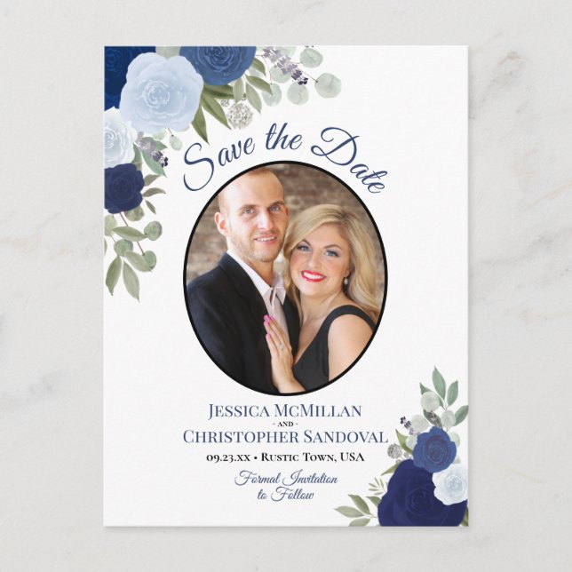 Elegant Blue Roses & Photo Wedding Save the Date Announcement Postcard (Front)