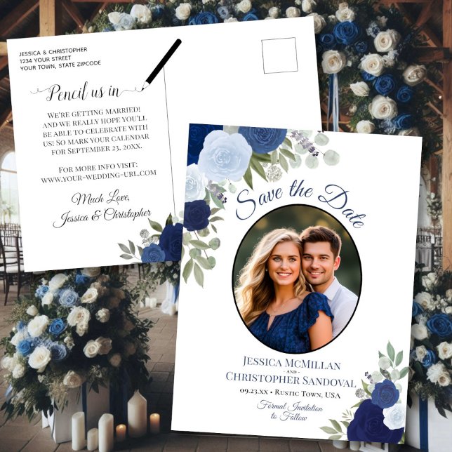 Elegant Blue Roses & Photo Wedding Save the Date Announcement Postcard (Front/Back)