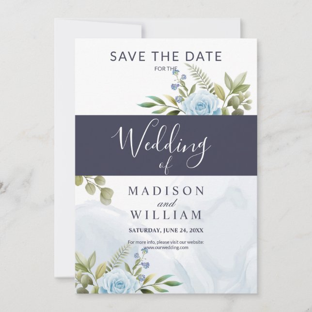 Elegant Blue Roses  Save The Date (Front)