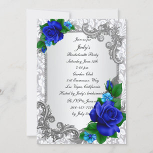 Elegant Blue Roses Wedding Bachelorette Party Invitation