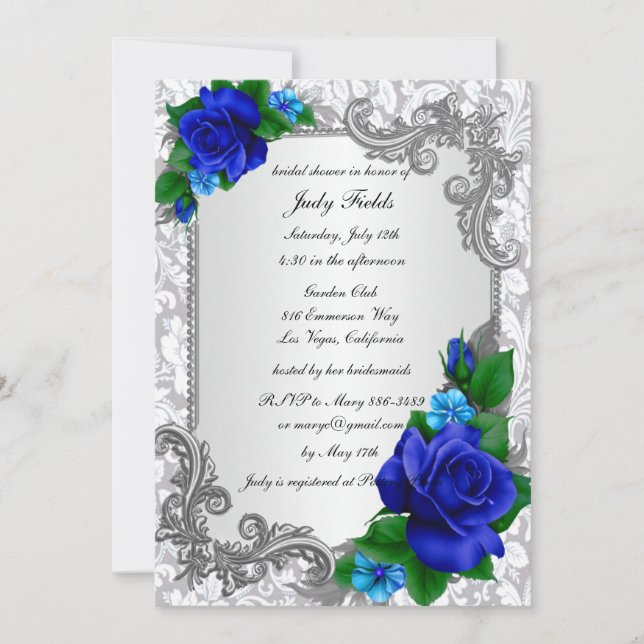 Elegant Blue Roses Wedding Bridal Shower Invitation (Front)