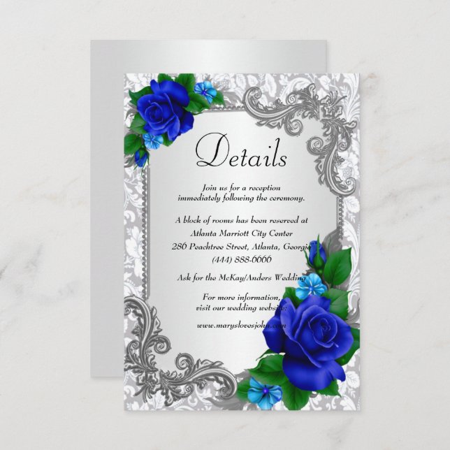 Elegant Blue Roses Wedding Details Enclosure Card (Front/Back)
