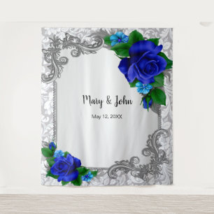 Elegant Blue Roses Wedding Photo Backdrop Tapestry