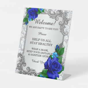 Elegant Blue Roses Wedding Safety Pedestal Sign