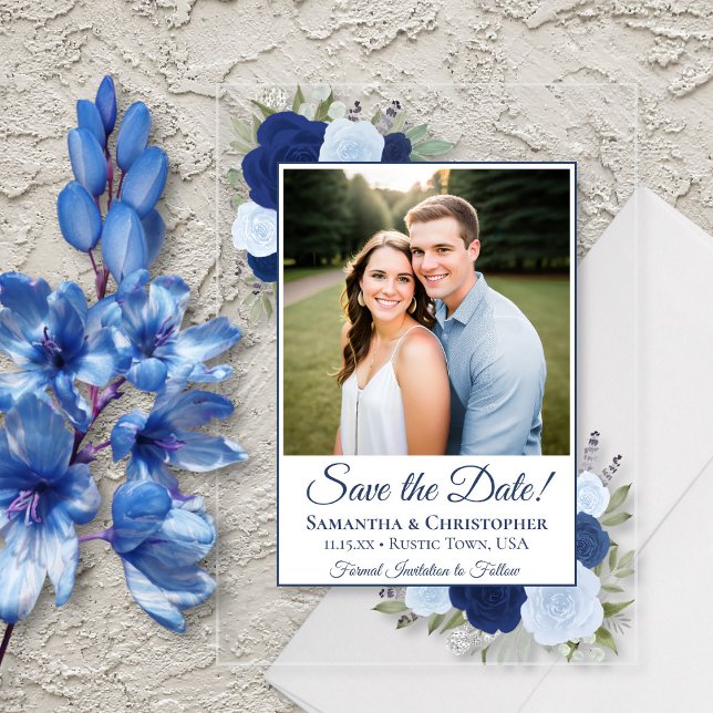 Elegant Blue Roses Wedding Save the Date Photo Acrylic Invitations (Clear Acrylic with Rectangle Cut)