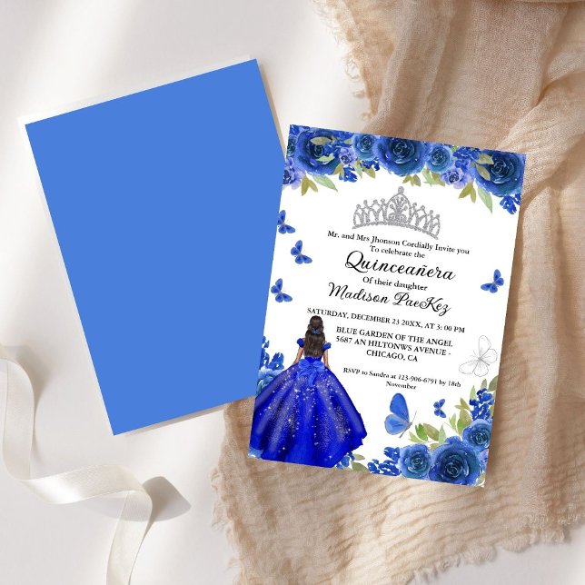 Elegant Blue Royal Floral Butterfly  Quinceanera  Invitation (Creator Uploaded)