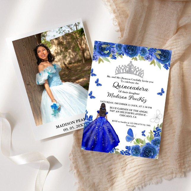 Elegant Blue Royal Floral Butterfly  Quinceanera  Invitation (Creator Uploaded)