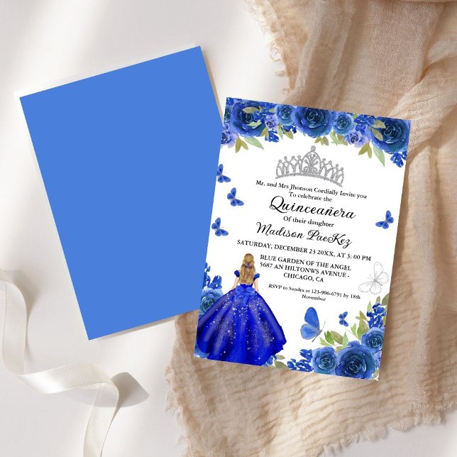 Elegant Blue Royal Floral Butterfly  Quinceanera  Invitation (Creator Uploaded)