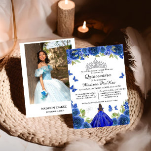 Elegant Blue Royal Floral Butterfly  Quinceanera Invitation