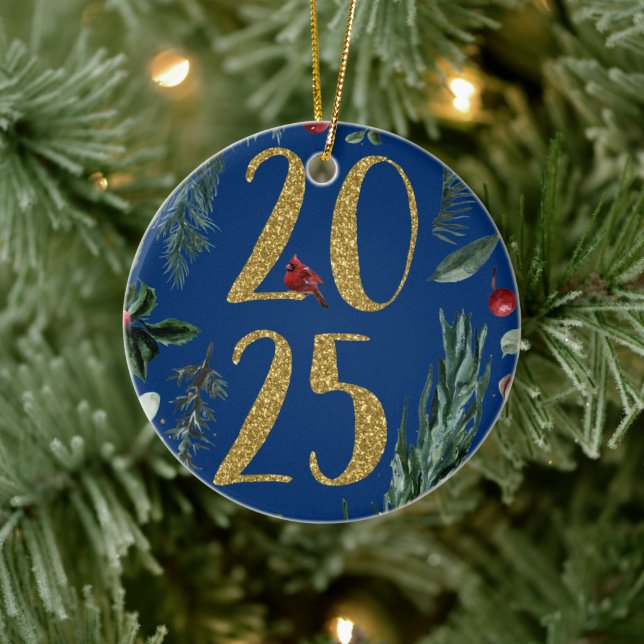 Elegant Blue Rustic 2025 New Years Holiday Card Ceramic Ornament (Tree)