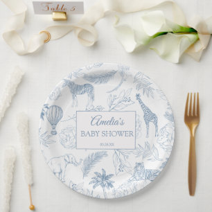 Elegant Blue Safari Animals Jungle Baby Shower Paper Plate