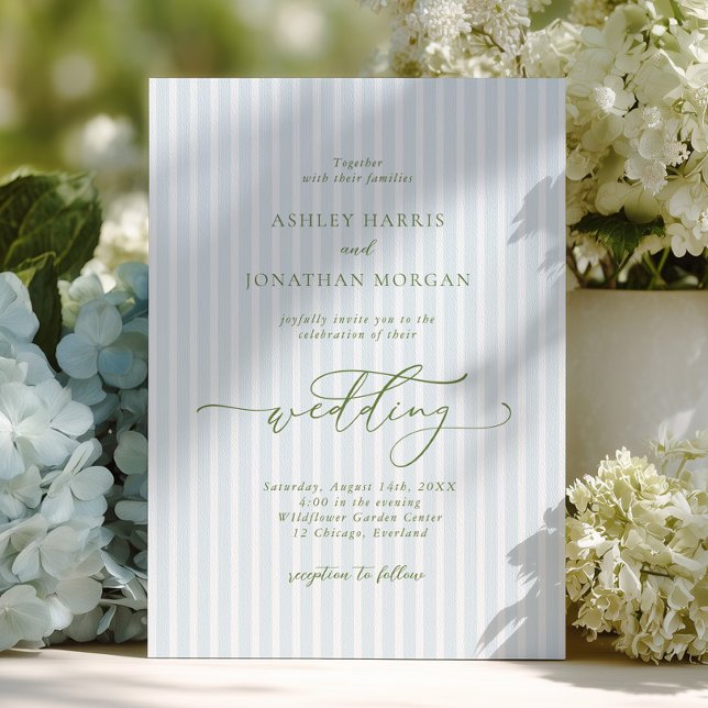 Elegant Blue & Sage Striped Wedding Invitation (Creator Uploaded)