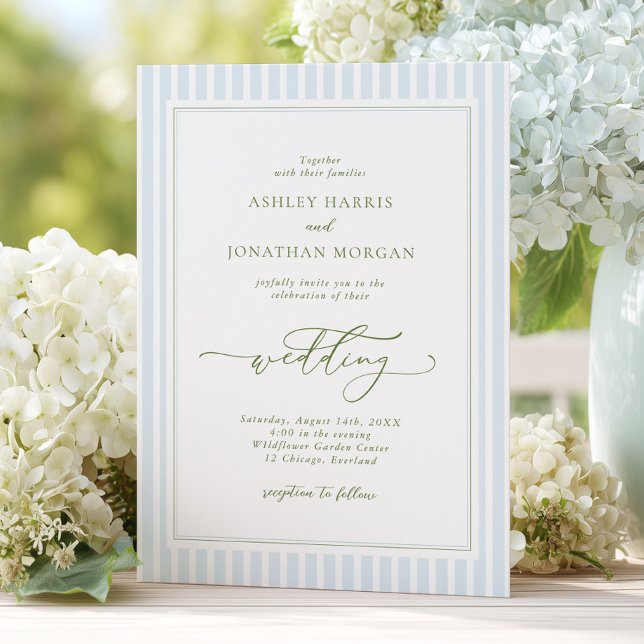 Elegant Blue & Sage Striped Wedding Invitation (Creator Uploaded)
