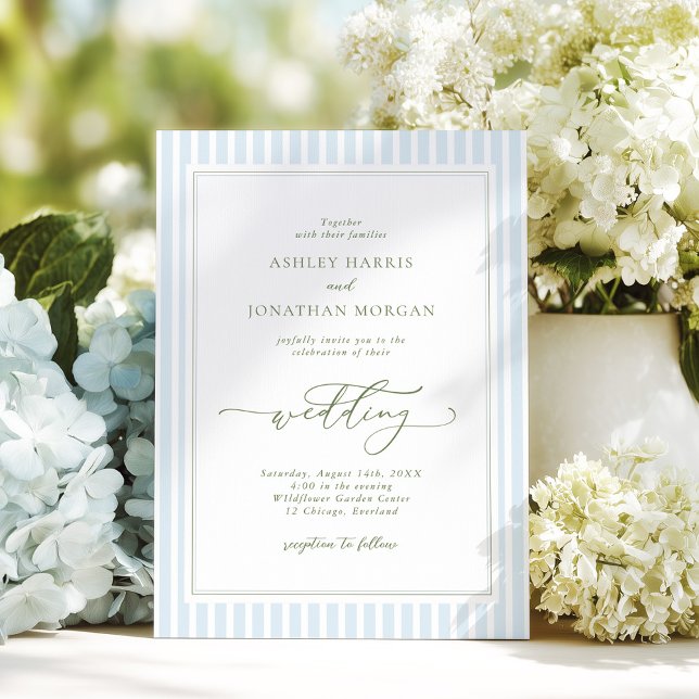 Elegant Blue & Sage Striped Wedding Invitation (Creator Uploaded)