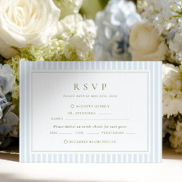 Elegant Blue & Sage Striped Wedding RSVP Card