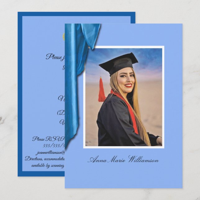 Elegant Blue Satin Grad Party Invitation (Front/Back)