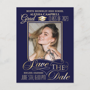 Elegant Blue Save the Date Graduation Postcard
