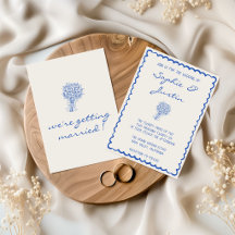 Elegant Blue Scalloped Border Minimalist Wedding