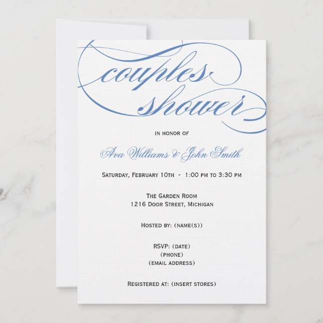Elegant Blue Script Couples Shower Invitation (Front)