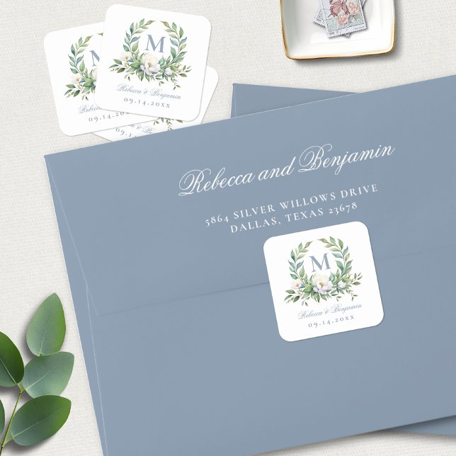 Elegant Blue Script Floral Crest Monogram Wedding Square Sticker (Creator Uploaded)