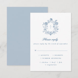 Elegant Blue Script Floral Crest Wedding RSVP Card