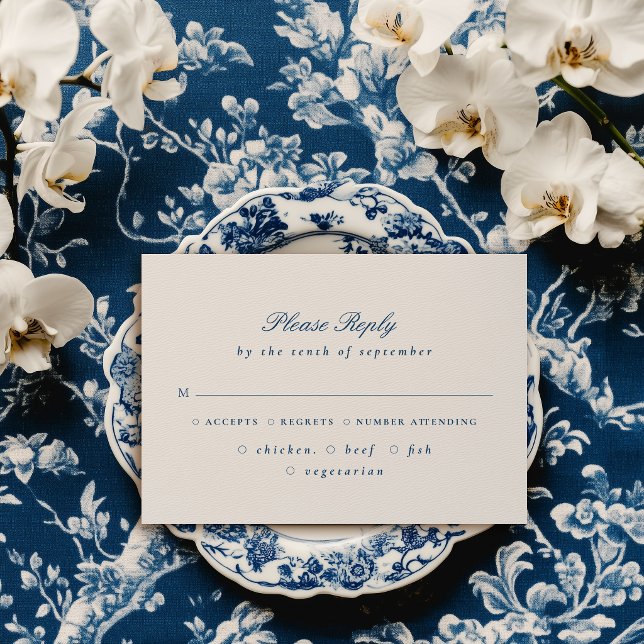 Elegant Blue Script Floral Crest Wedding RSVP Card (Creator Uploaded)