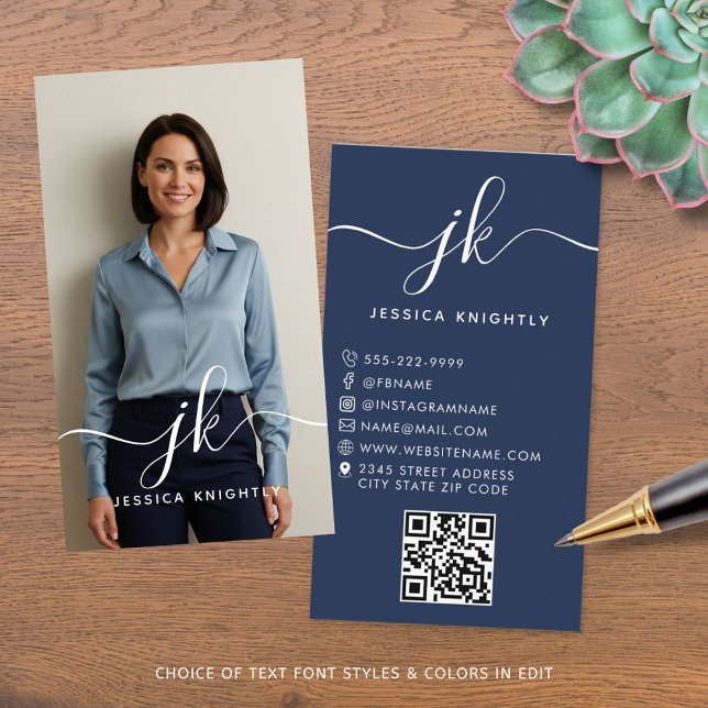 Elegant Blue Script Monogram Logo Photo QR Code Business Card (Creator Uploaded)