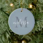 Elegant Blue Script Monogram Name Christmas Ceramic Ornament<br><div class="desc">Elegant Blue Gold Script Personalised Monogram Name Christmas Ornament</div>