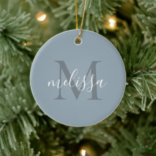 Elegant Blue Script Monogram Name Christmas Ceramic Ornament