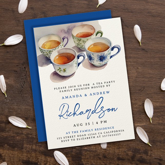 Elegant Blue Script Tea Party Reunion Watercolor Invitation (Creator Uploaded)