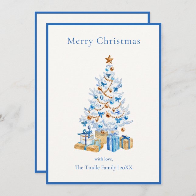 Elegant Blue Script Watercolor Christmas Tree Holiday Card (Front/Back)