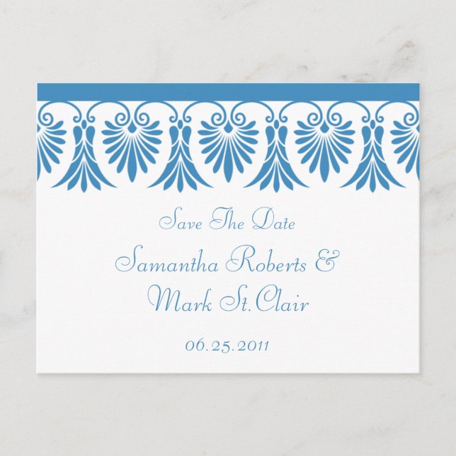 Elegant Blue Scroll on White Save The Date Announcement Postcard (Front)