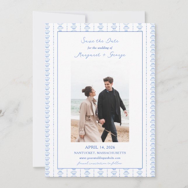 Elegant Blue Seashell Coastal Photo Wedding Save The Date (Front)