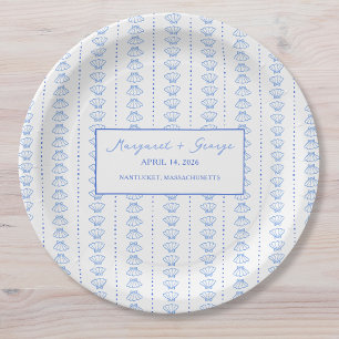 Elegant Blue Seashell Nautical Coastal Wedding Paper Plate