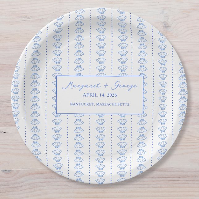 Elegant Blue Seashell Nautical Coastal Wedding Paper Plate (Creator Uploaded)