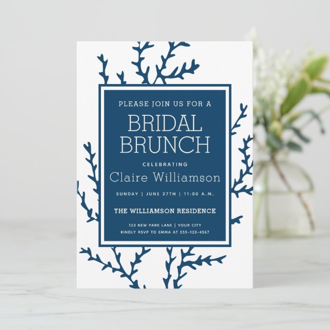 Elegant Blue Seaweed - Coastal Style Bridal Brunch Invitation (Standing Front)