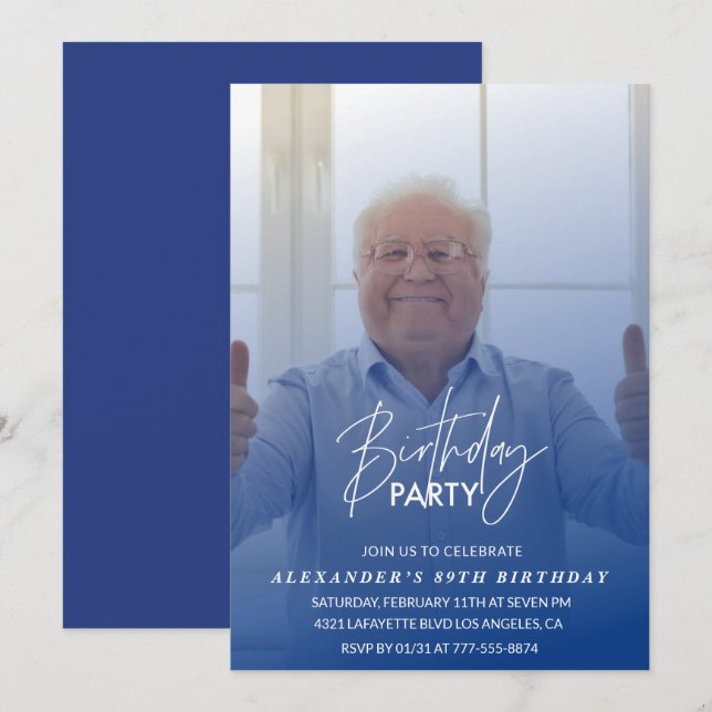 Elegant Blue Shadow Photo Men 89th birthday party Invitation (Front/Back)