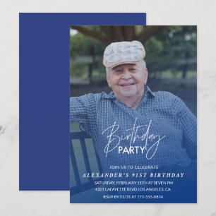 Elegant Blue Shadow Photo Men 91st birthday party Invitation