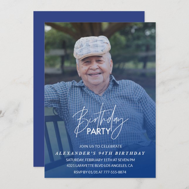 Elegant Blue Shadow Photo Men 94th birthday party Invitation (Front/Back)