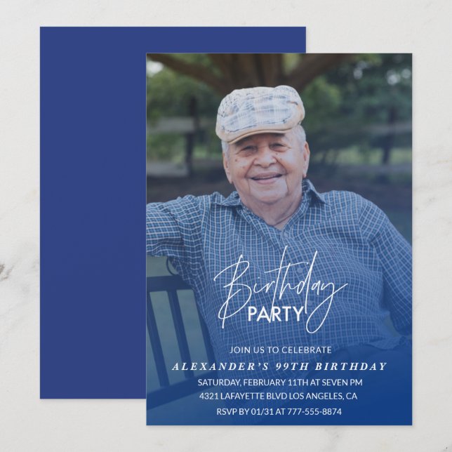 Elegant Blue Shadow Photo Men 99th birthday party Invitation (Front/Back)