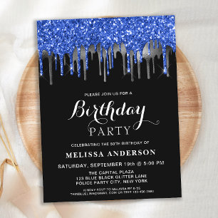 Elegant Blue Silver Black Glitter Drips Birthday Invitation Postcard