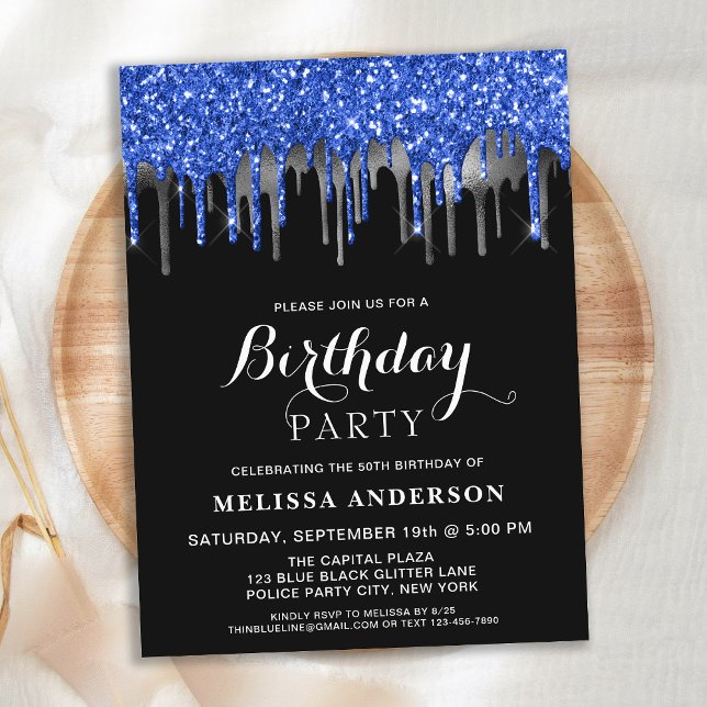 Elegant Blue Silver Black Glitter Drips Birthday Postcard (Creator Uploaded)