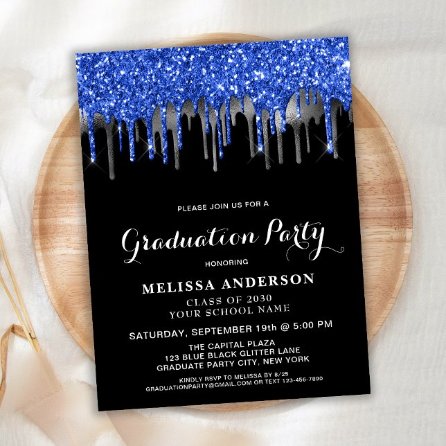 Elegant Blue Silver Black Glitter Drips Graduation Postcard (Creator Uploaded)